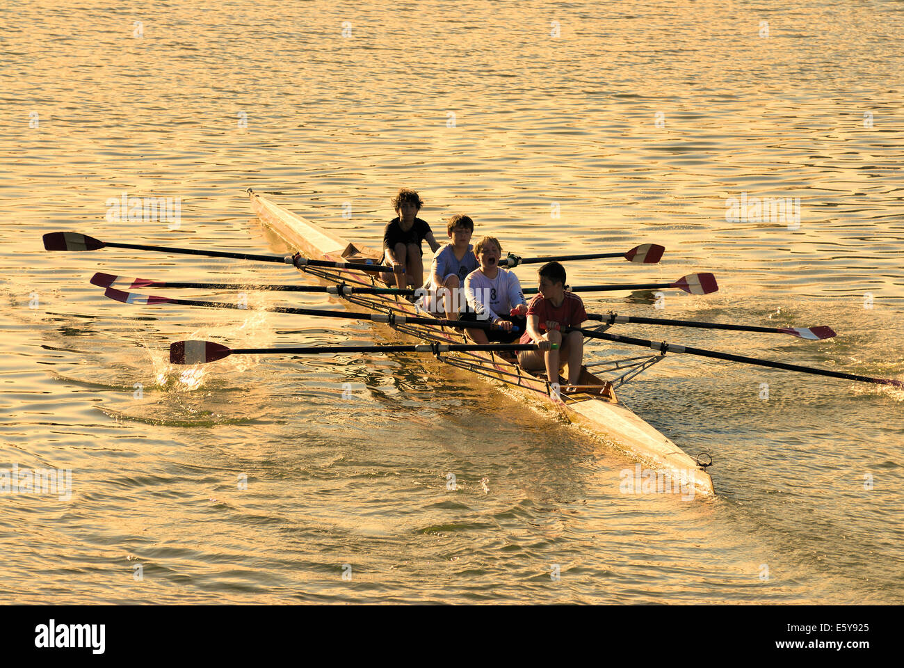 Persone canottaggio canoa sul fiume Arno la mattina presto, Firenze, Italia Foto Stock