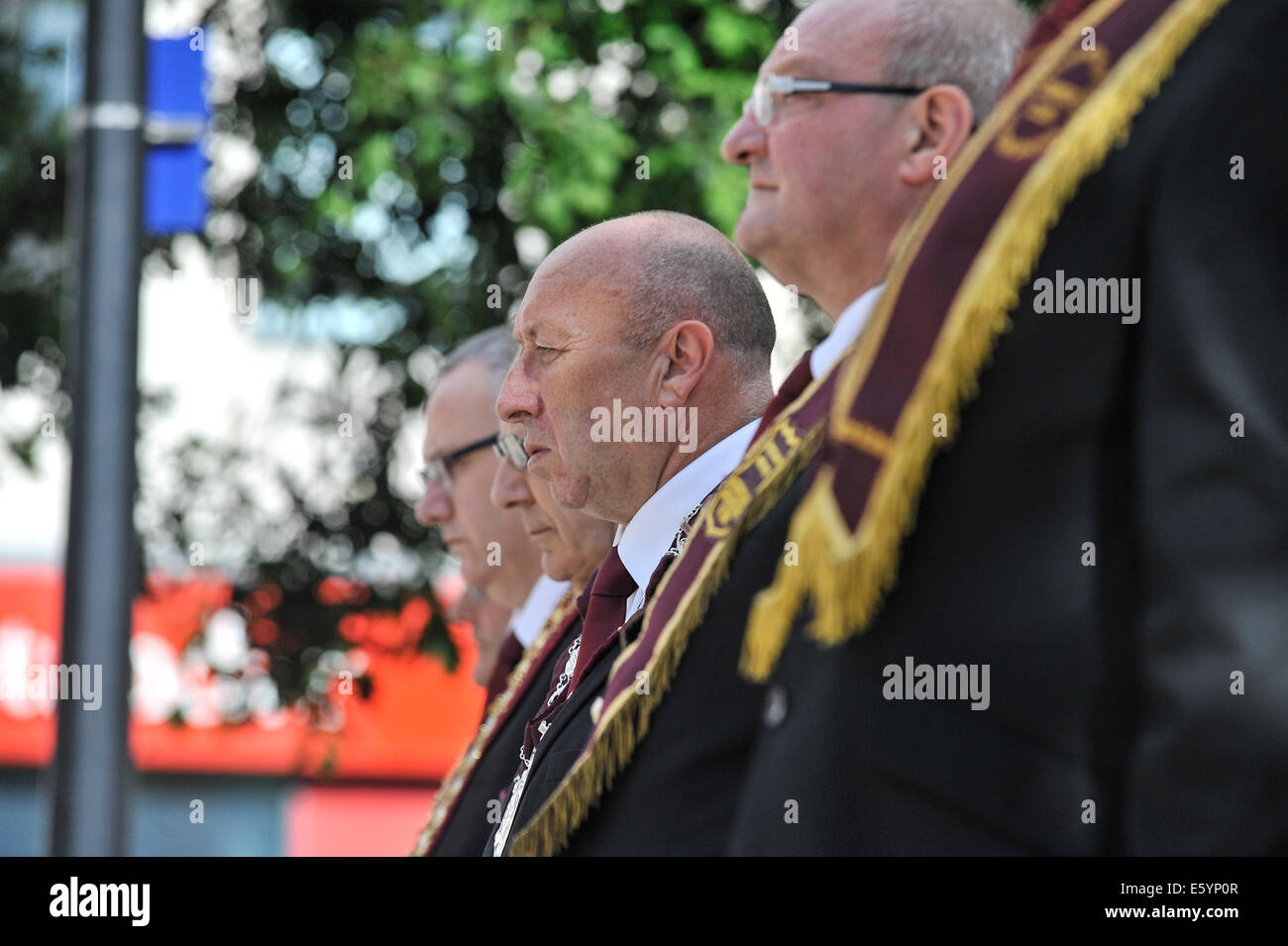 Derry, Londonderry, Irlanda del Nord. Il 9 agosto, 2014. Apprentice Boys parata annuale. Jim Brownlee, governatore della Apprentice Boys di Derry, presso la parata annuale. Una stima di 10.000 Apprentice Boys, bande e gli spettatori hanno assistito al 325º anniversario del rilievo di Derry commemorazione. Credito: George Sweeney / Alamy Live News Foto Stock