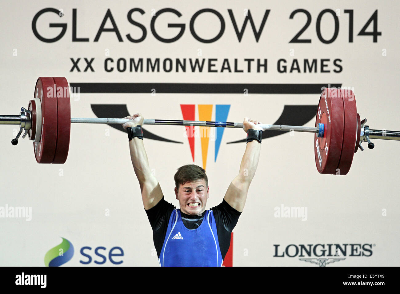 Nicolas Vachon del Canada negli uomini 69kg gruppo B di sollevamento pesi categoria al 2014 giochi del Commonwealth, Glasgow. Foto Stock