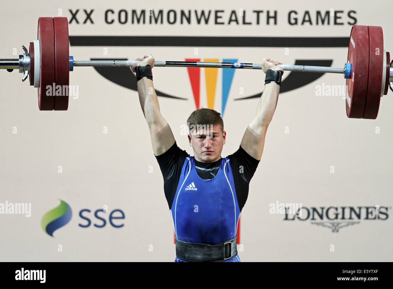 Nicolas Vachon del Canada negli uomini 69kg gruppo B di sollevamento pesi categoria al 2014 giochi del Commonwealth, Glasgow. Foto Stock