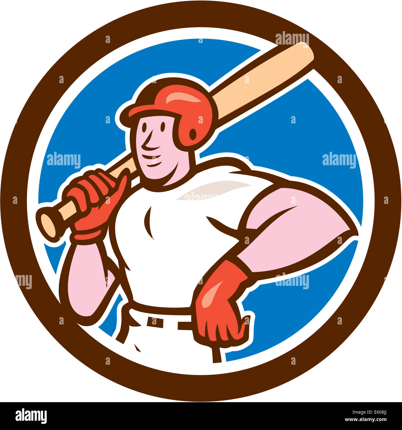 Illustrazione di un giocatore di baseball bat di contenimento sul set di spallamento interno forma di cerchio su sfondo isolato fatto in stile cartoon. Foto Stock