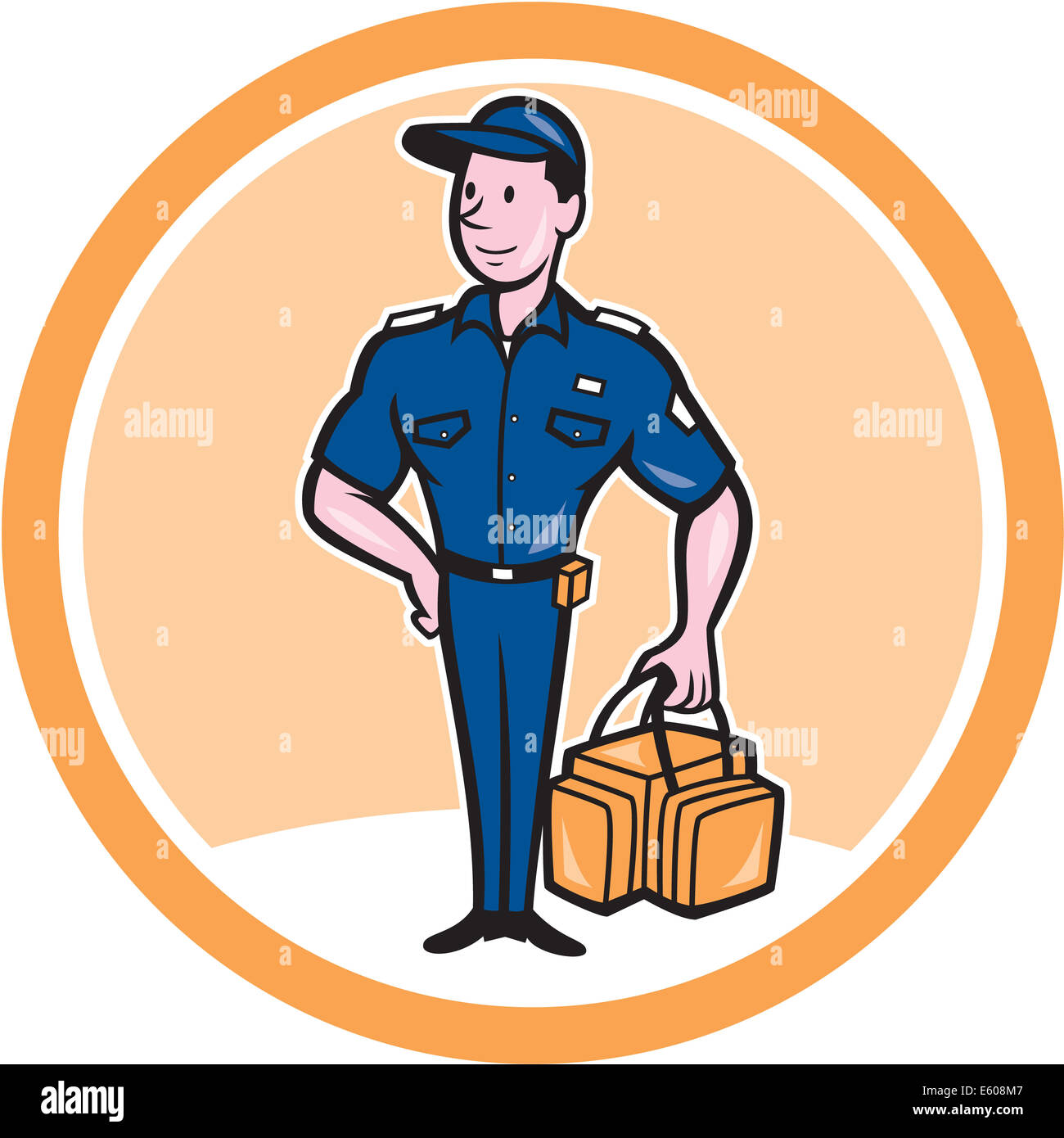Illustrazione di un paramedico lavoratore di emergenza in uniforme permanente di sacca di contenimento insieme all'interno del cerchio su sfondo isolato fatto in stile cartoon. Foto Stock