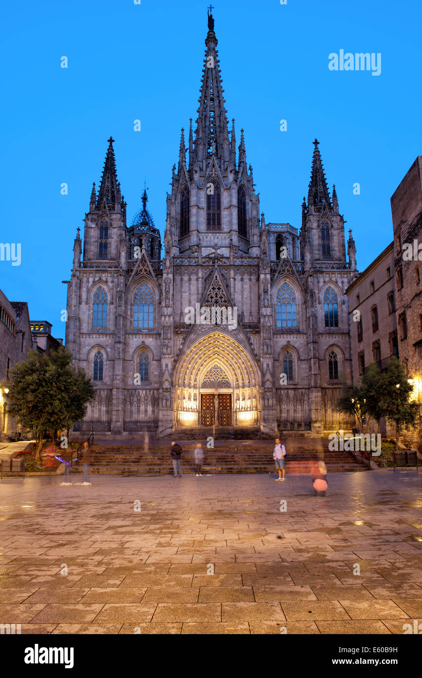 La cattedrale di Barcellona in serata, Quartiere Gotico (Barri Gotic) della città, la Catalogna, Spagna. Foto Stock