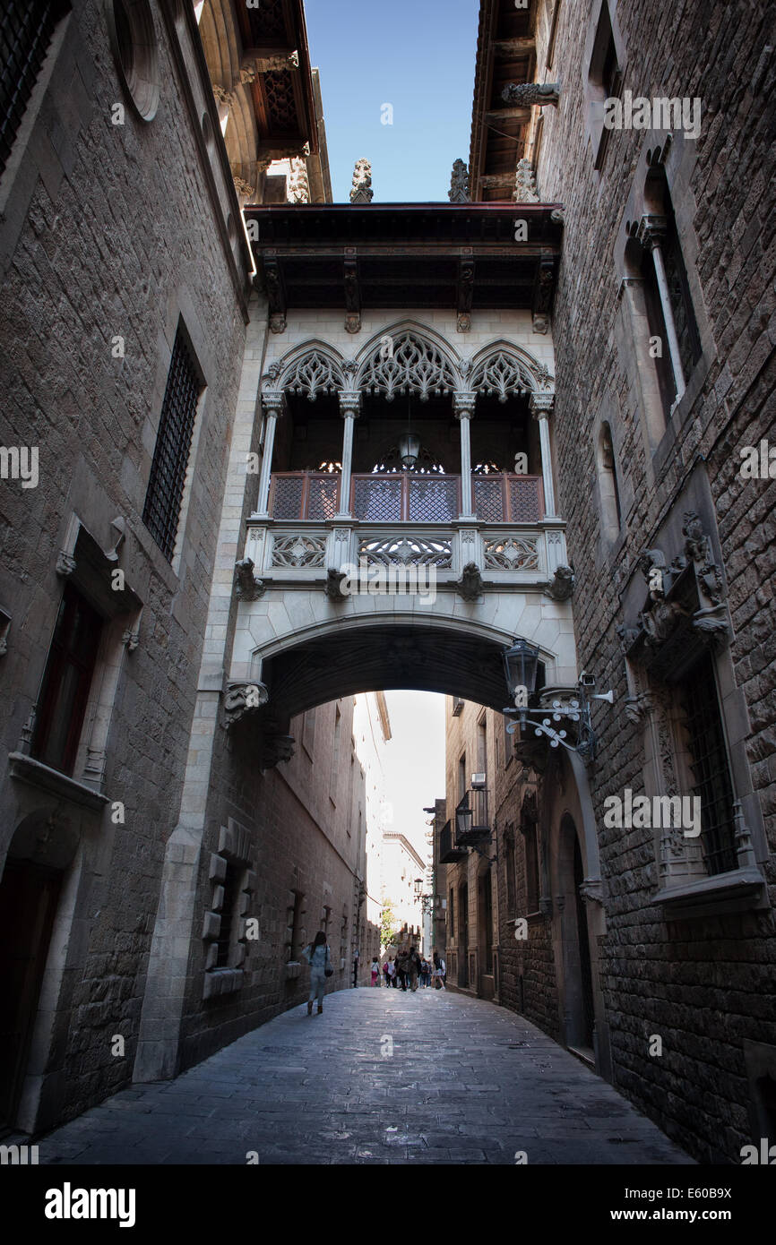 Carrer del Bisbe Street nel quartiere Gotico di Barcellona in Catalogna, Spagna. Foto Stock