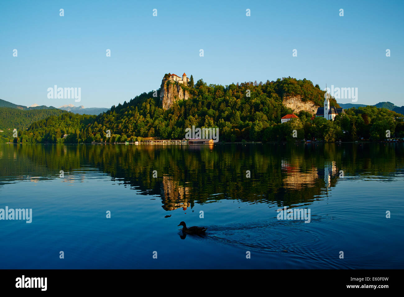 La Slovenia, Bled, il lago di Bled e sulle Alpi Giulie, il castello di Bled Foto Stock