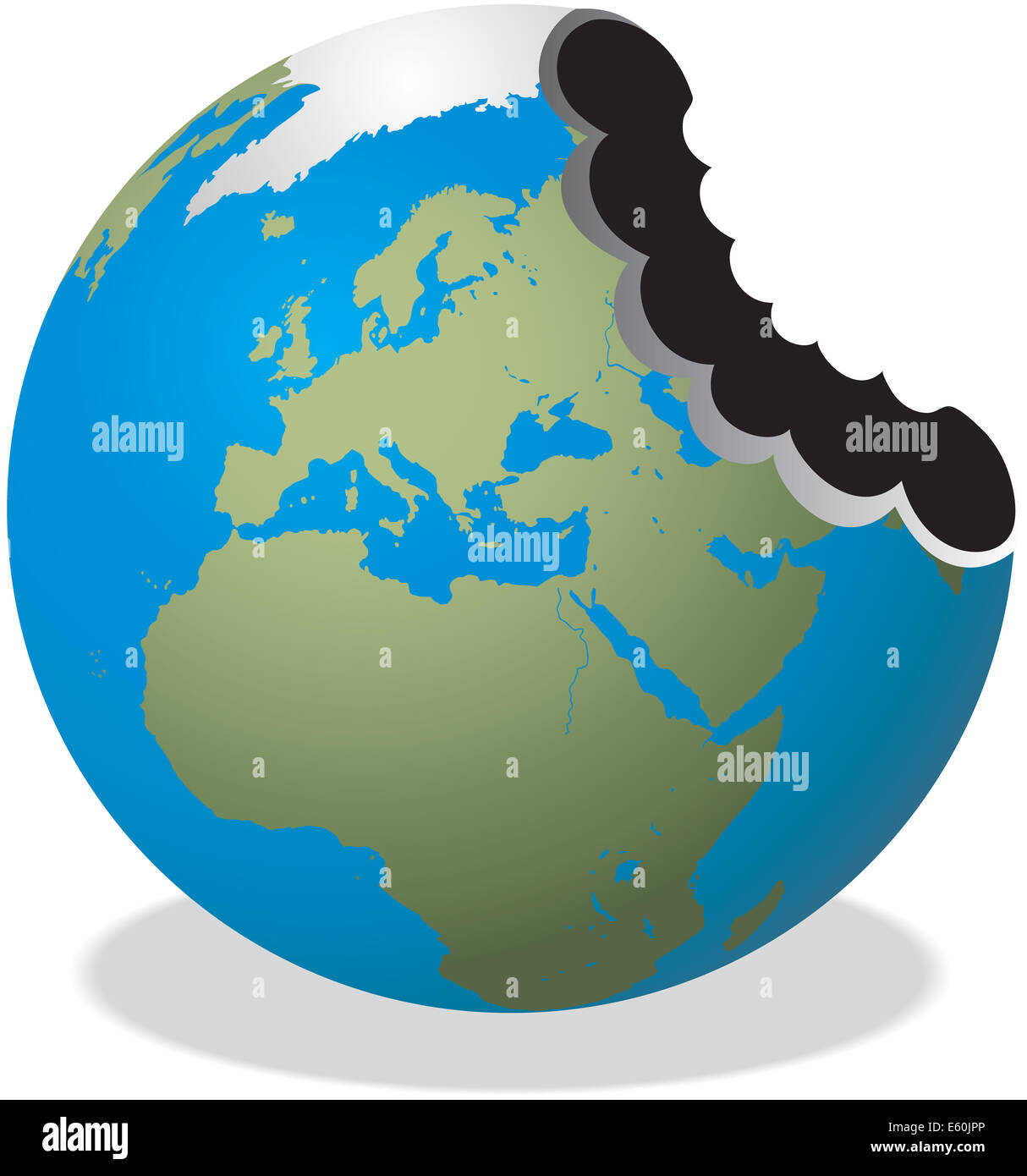 Illustrazione della terra con un enorme morso sottolineando mancanti rispetto al consumo delle risorse della terra. Foto Stock