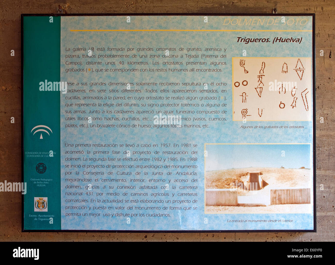 Dolmen de Soto - tra il 3800 e 2500 BC, poster informativo, Trigueros, provincia di Huelva, regione dell'Andalusia, Spagna, Europa Foto Stock
