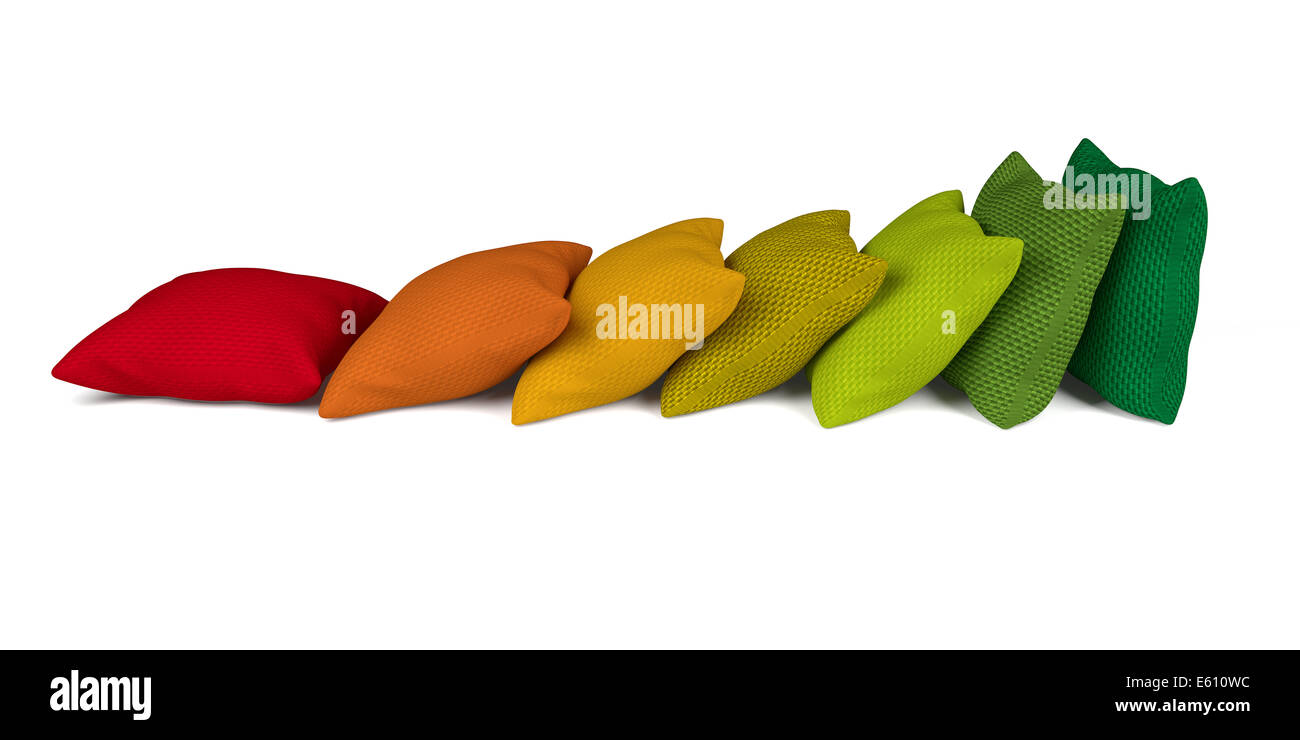 Scala di colori creati con cuscini, sfondo bianco Foto Stock