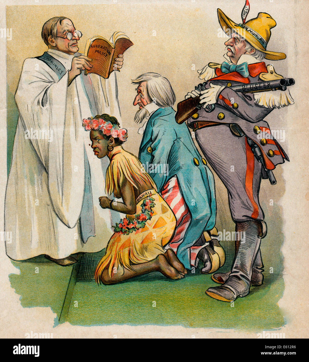 Un altro fucile da caccia di nozze, con nessuna delle due parti vuole - un fucile nozze tra lo zio Sam e una giovane donna etichettato 'Hawaii"; un ex generale confederato etichettato ""senatore Morgan' con un 'Jingo' giù nel suo cappello, sorge dietro di loro, tenendo in mano un fucile etichettato 'Bluster', come un ministro etichettata "cKinley' legge dal 'annessione politica". Cartoon politico, circa 1897 Foto Stock