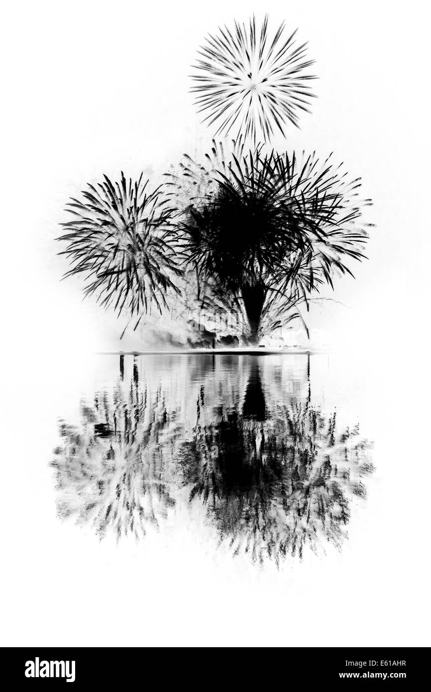 Esplosioni di fuochi d' artificio invertita e in bianco e nero con abbinamento di riflessione dal mare di fronte. Foto Stock