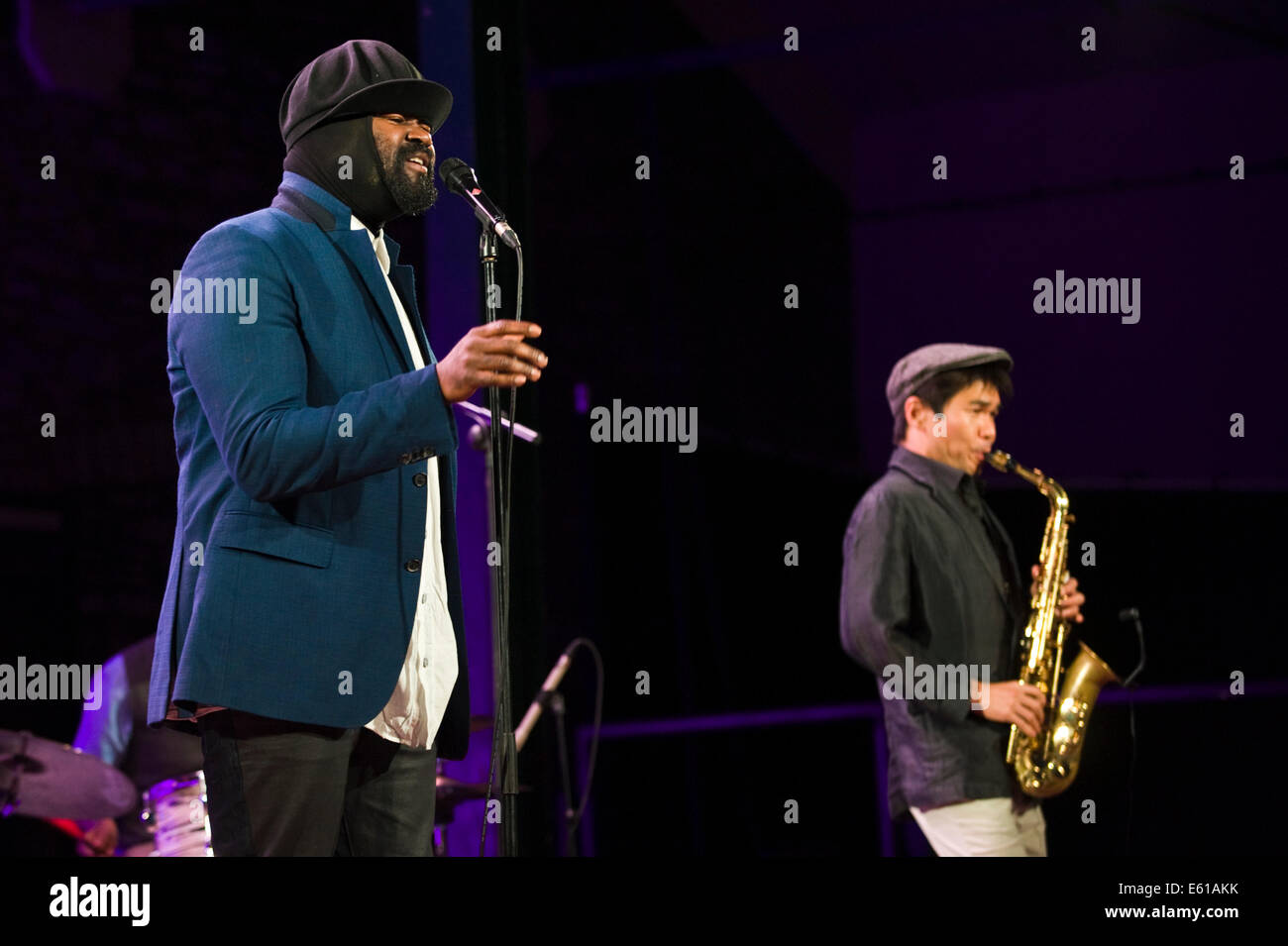 Gregory Porter jazz americano cantautore esibirsi sul palco a Brecon Jazz Festival 2014 Foto Stock