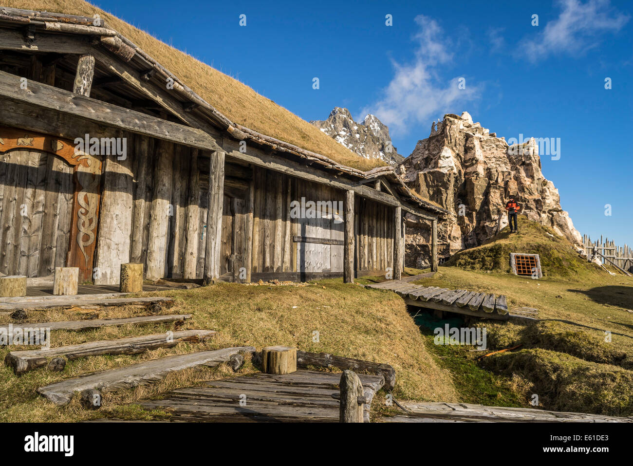 Epoca vichinga Movie set, stokksnes, hornafjordur, Islanda Orientale Foto Stock