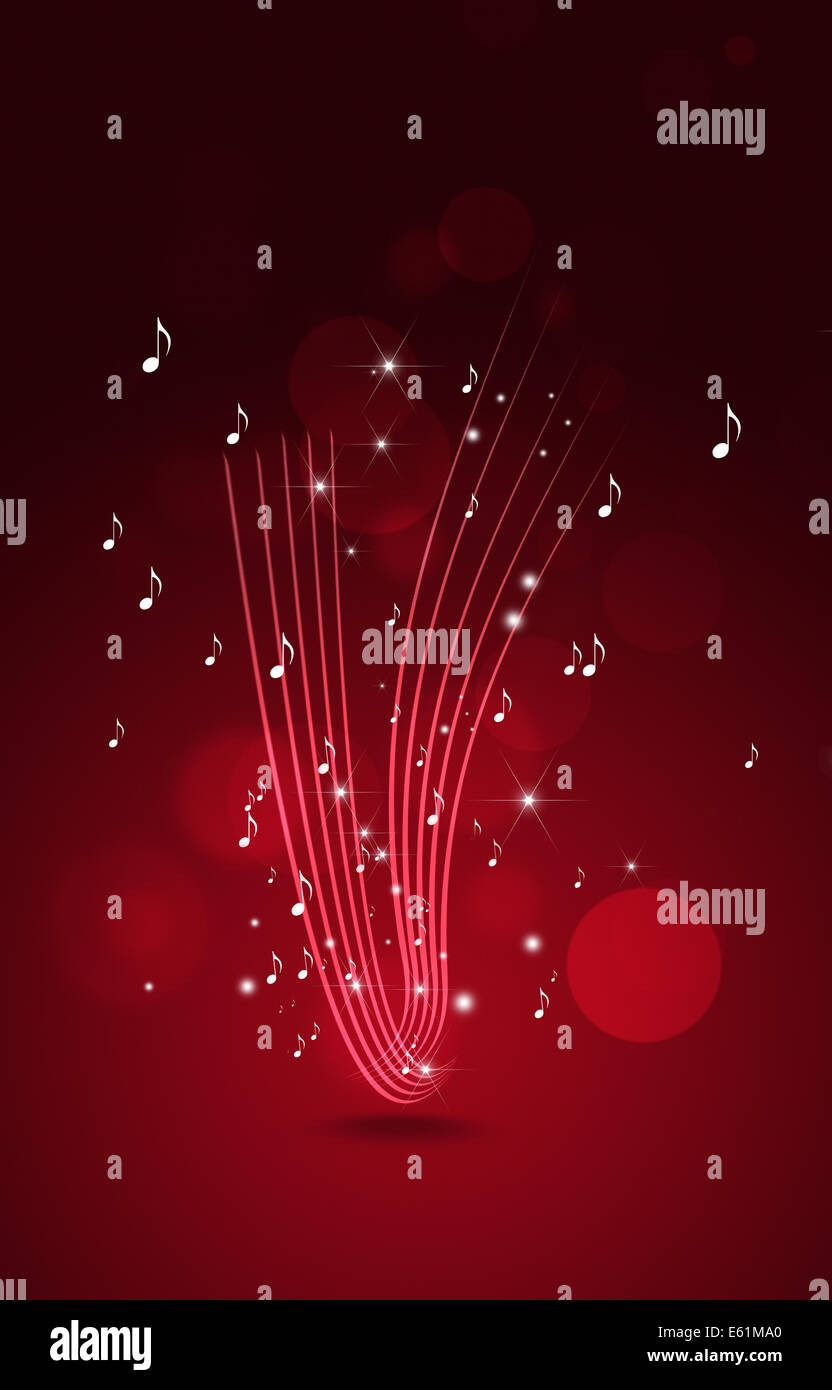 Abstract sfondo rosso con note musicali luci e bokeh di fondo Foto Stock