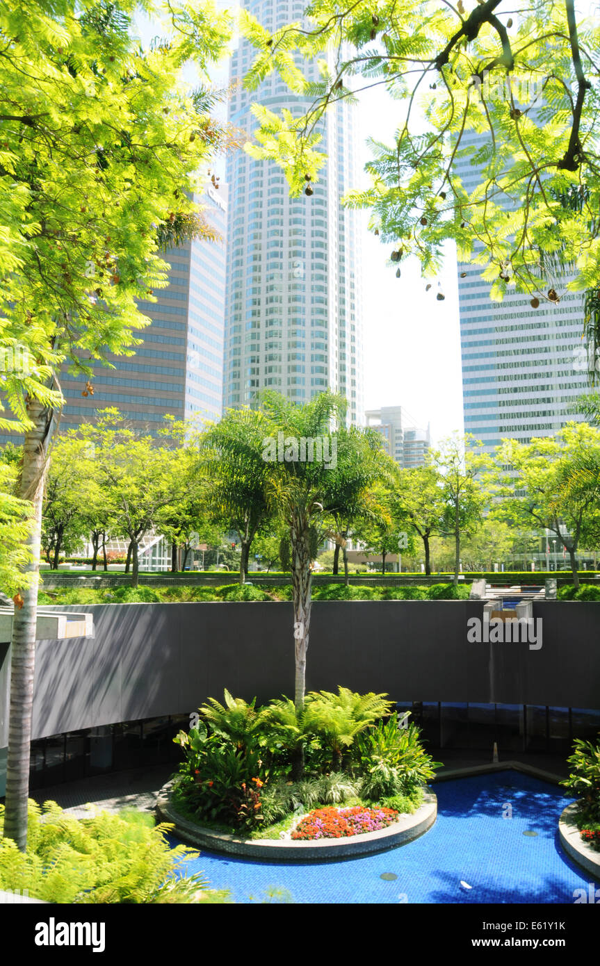 La US Bank Tower nel centro di Los Angeles tra l'albero giardino presso la Bank of America Plaza Foto Stock