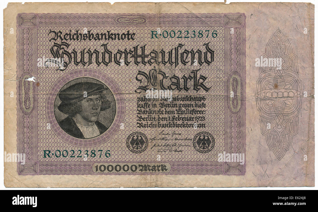 Età bill, 100.000 marchi anteriori, Reichsbanknote tedesco, 1923 Foto Stock