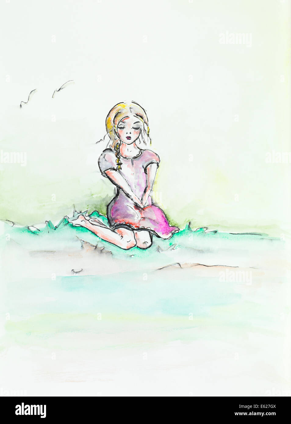 Disegnata a mano acquerello illustrazione della bella ragazza seduta sulle sue ginocchia, guardando malinconico Foto Stock
