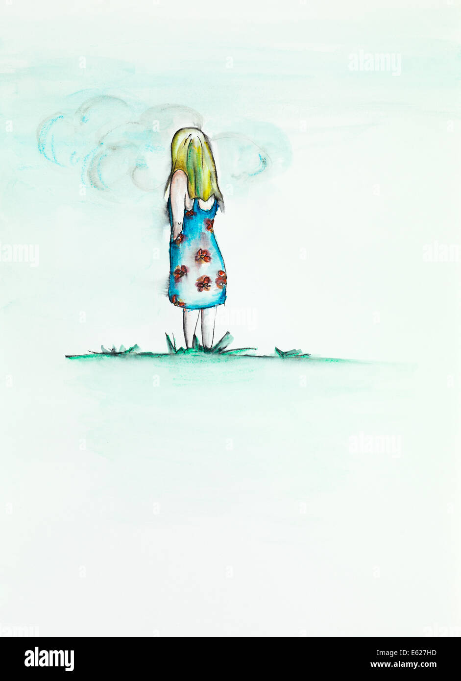 Acquerello illustrazione della bambina in piedi su erba e di verniciatura di un cloud, disegnata a mano Foto Stock