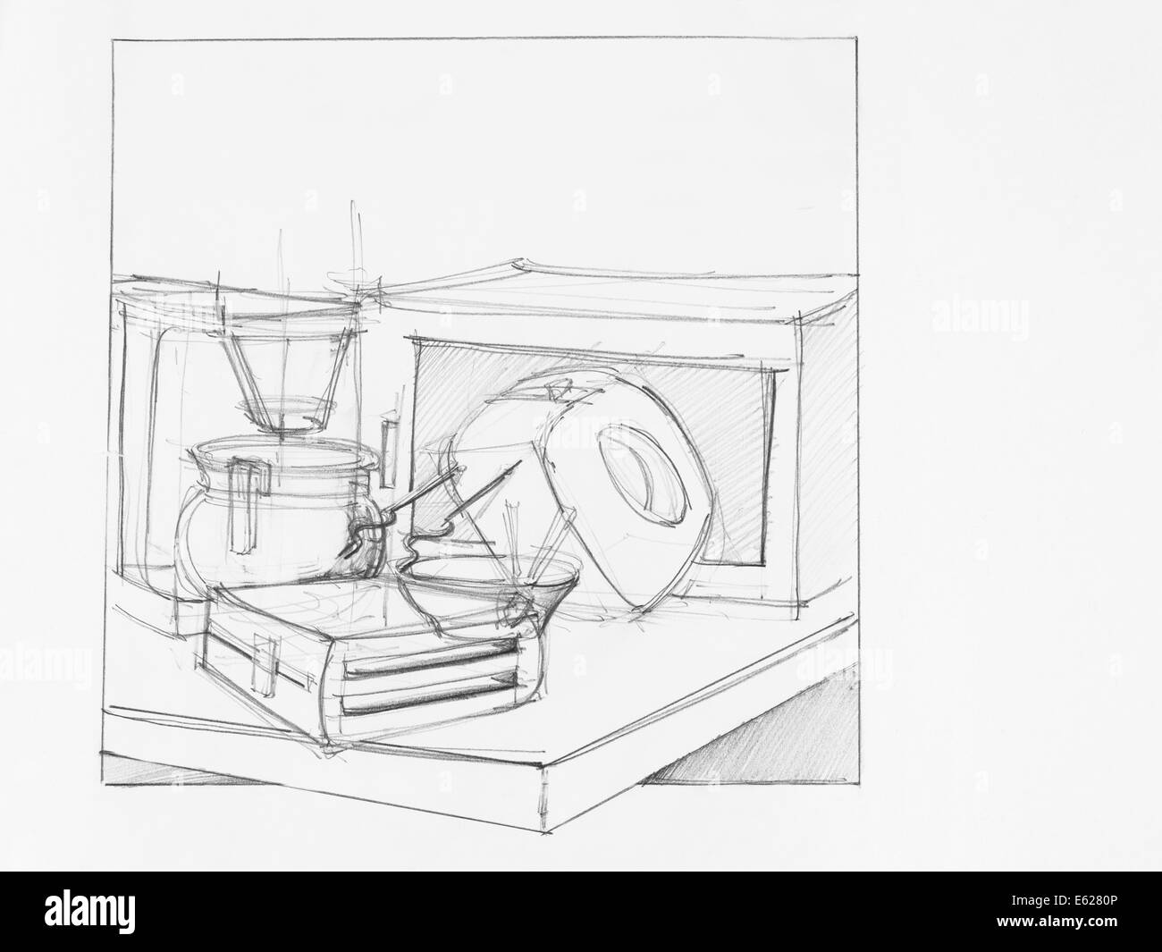 Disegnata a mano illustrazione della composizione con oggetti, studio artistico Foto Stock