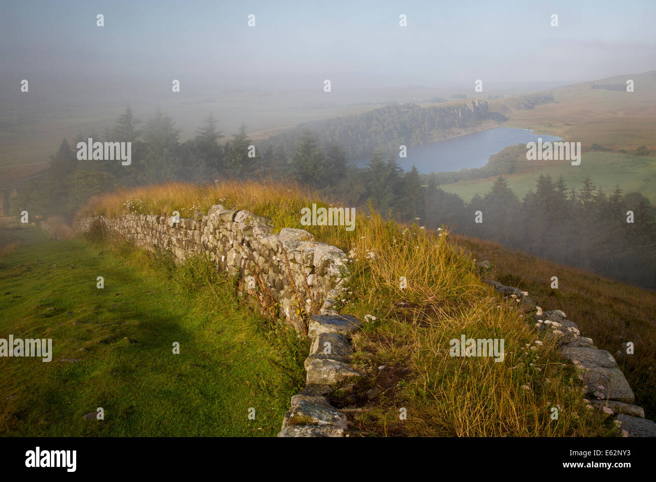 Dawn al Vallo di Adriano vicino al forte romano a Housesteads, Northumberland, Inghilterra Foto Stock