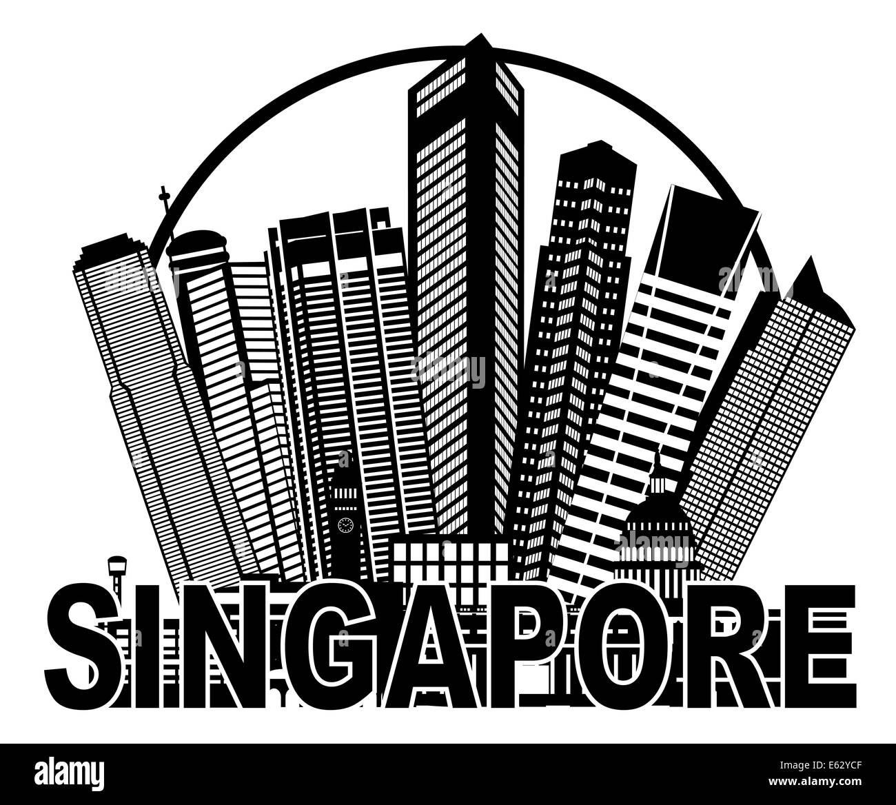 Singapore skyline della città Silhouette contorno in cerchio isolato nero su sfondo bianco illustrazione Foto Stock