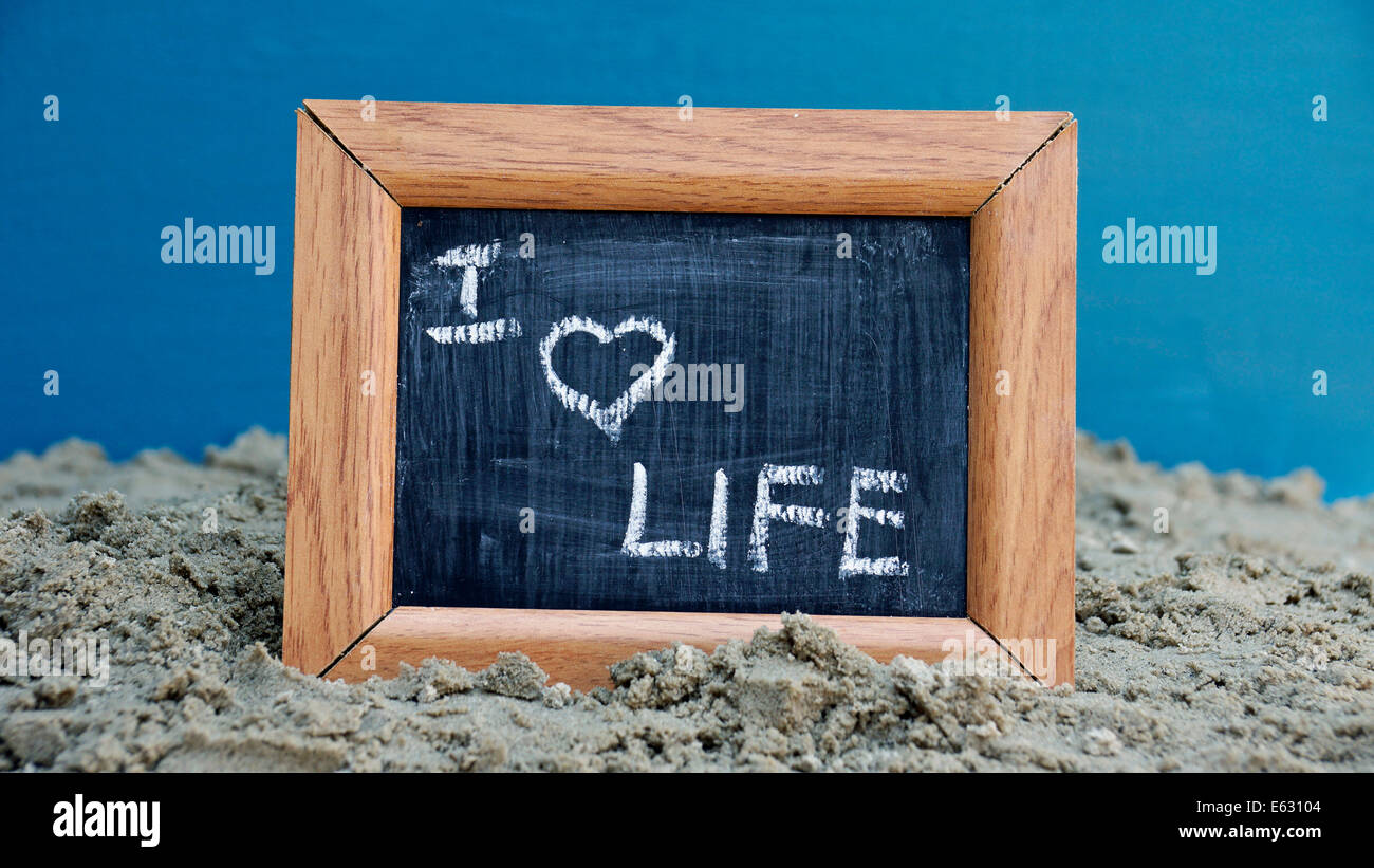 Io amo la vita scritta su una lavagna in spiaggia Foto Stock