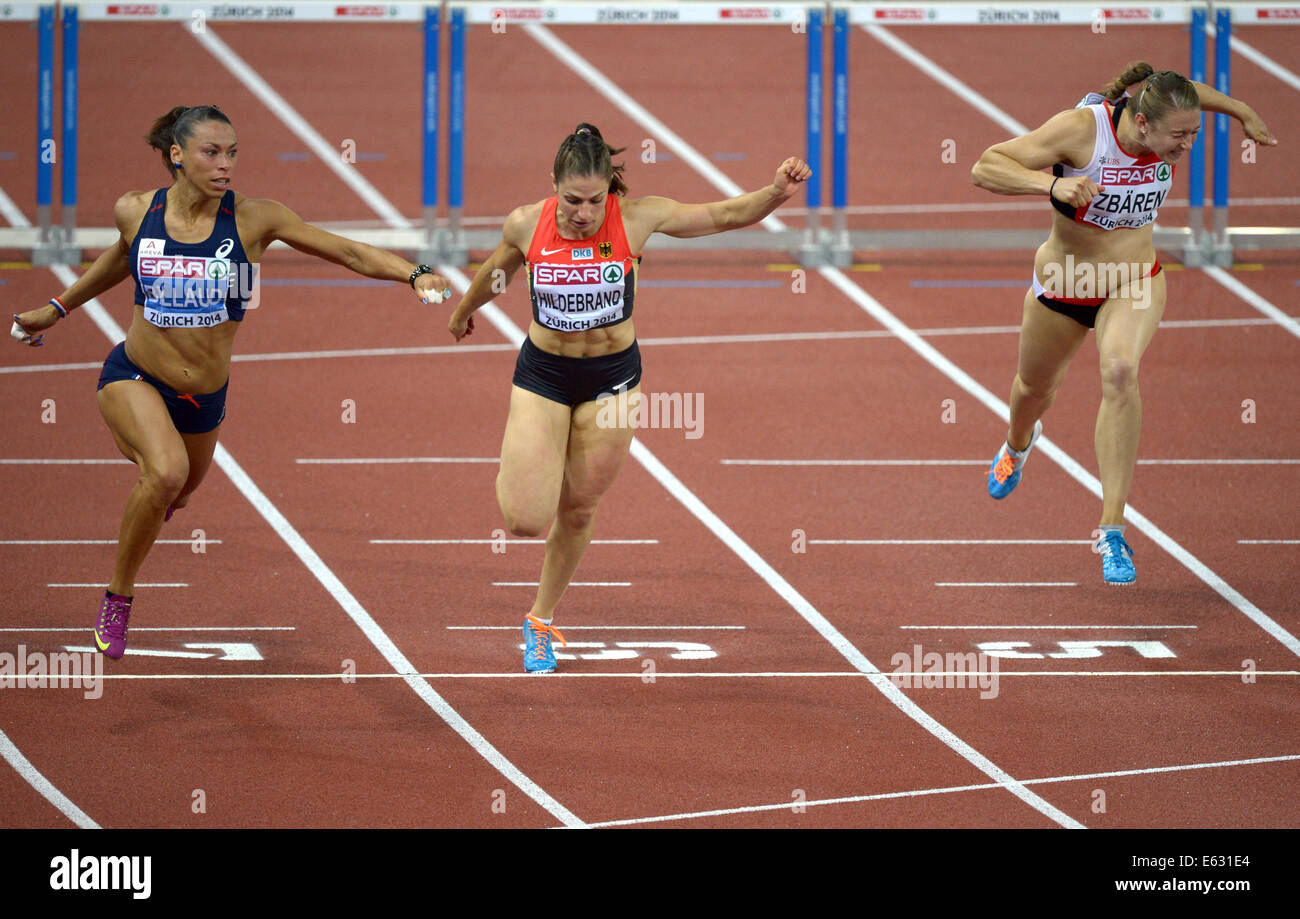 Zurigo, Svizzera. 12 Ago, 2014. Cindy Billaud dalla Francia (da sinistra a destra), Nadine Hildebrand dalla Germania e Noemi Zbaeren dalla Svizzera competere in donne 100m ostacoli semifinale, il primo giorno del Campionato Europeo di Atletica in Letzigrund a Zurigo, Svizzera, 12 agosto 2014. Foto: Rainer Jensen/dpa/Alamy Live News Foto Stock