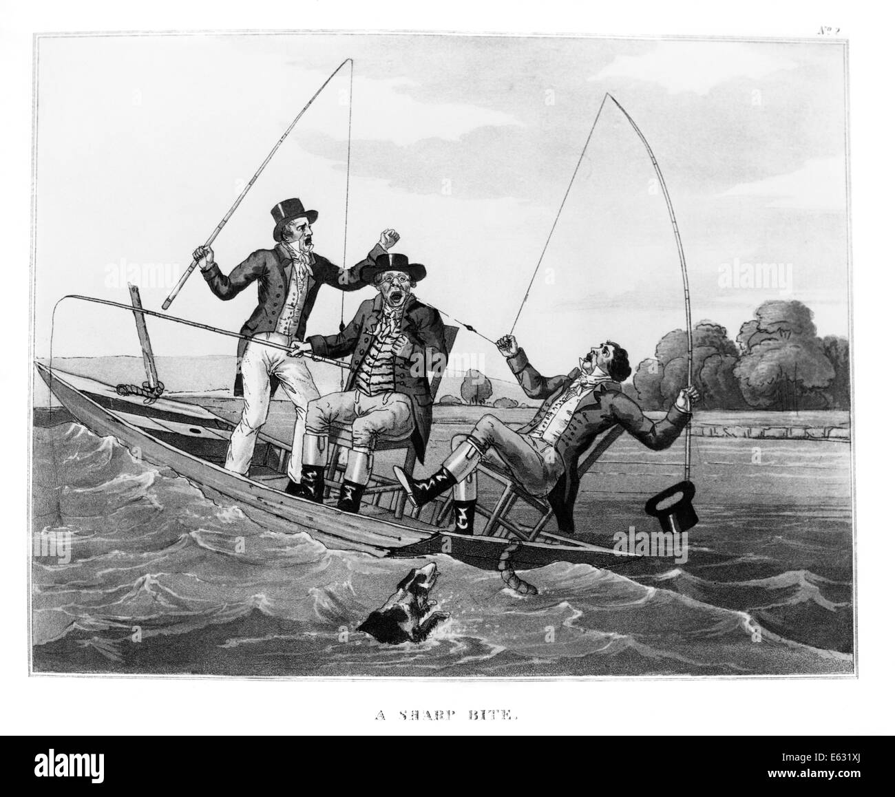 1800s tre Ottocento uomini in barca da pesca di un solo uomo il  ribaltamento all'INDIETRO CON LA LINEA SNAGGED SU UN ALTRO DEL NASO Foto  stock - Alamy