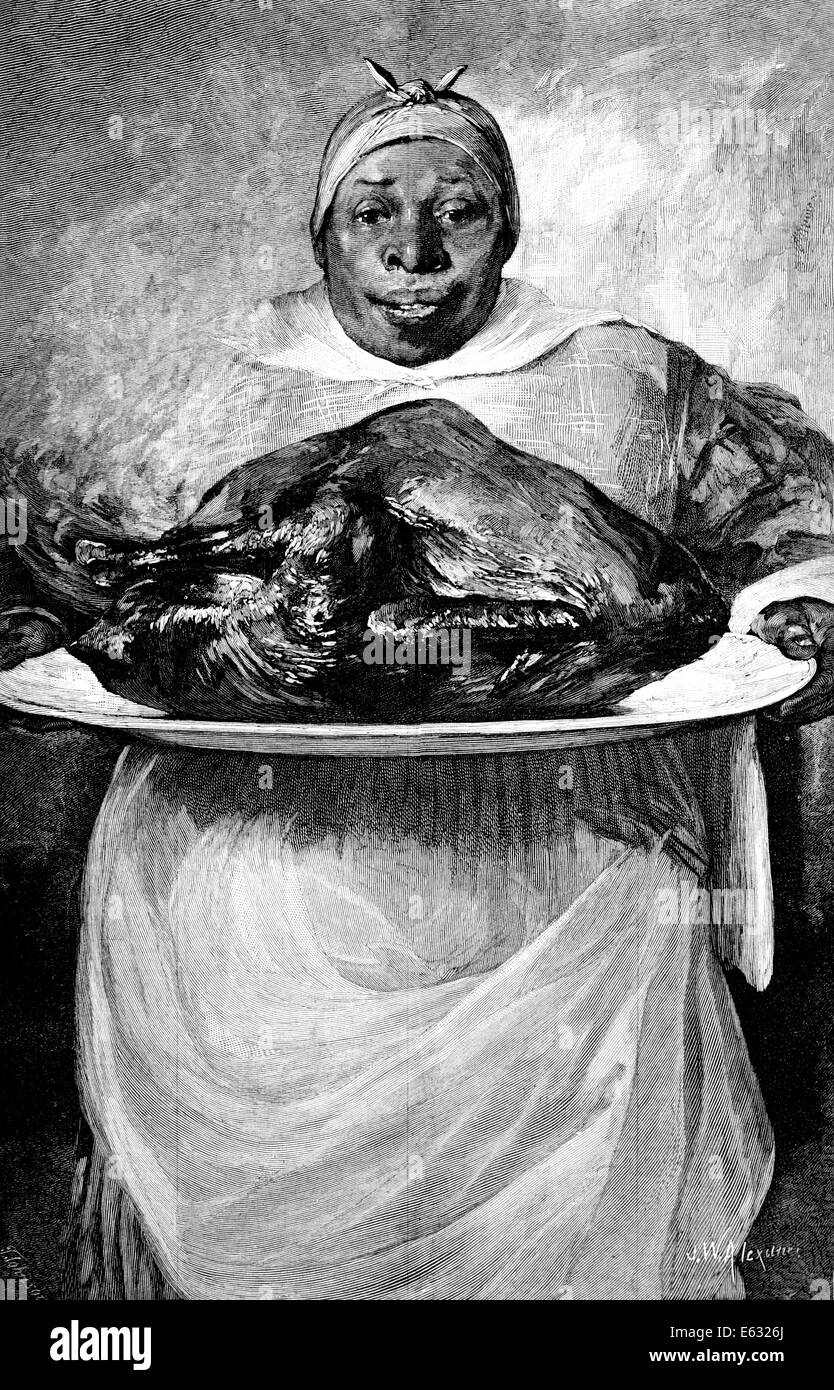 1880 Illustrazione di African American donna COOK HOLDING PLATTER DI UNA CENA DI RINGRAZIAMENTO TURCHIA guardando la fotocamera Foto Stock