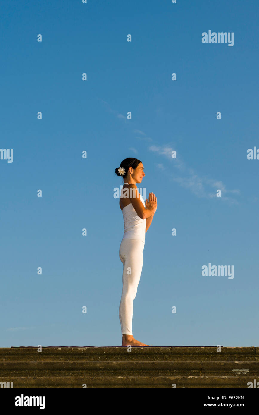 Giovane donna pratica di Hatha yoga, all'aperto, che mostra la posa, Tadasana Pranamasana, posa di preghiera Foto Stock