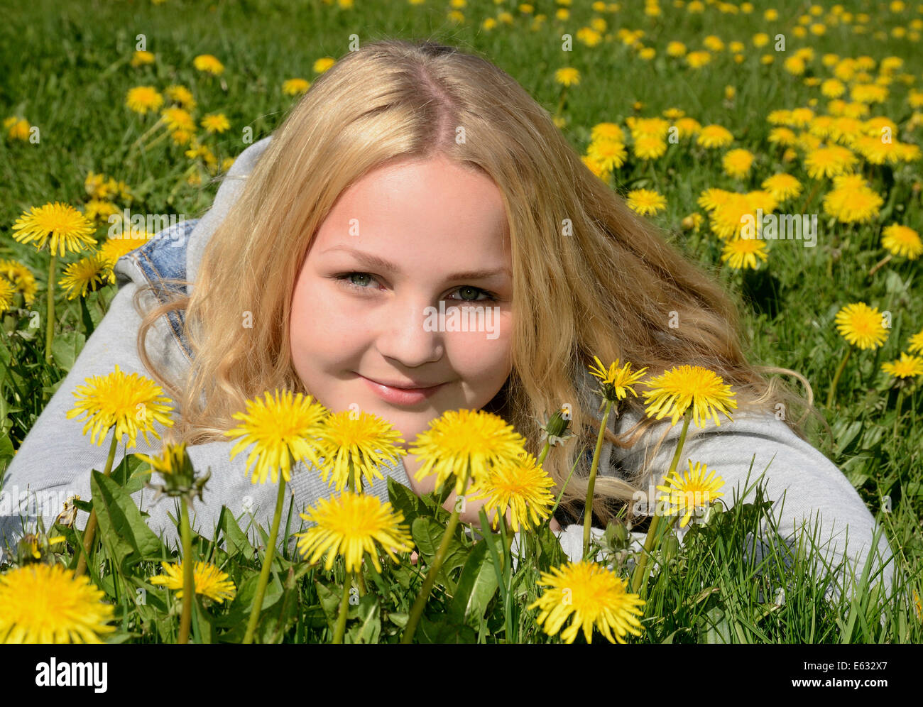 Ragazza sorridente, 15 anni, giacente in un campo di tarassaco, Svezia Foto Stock