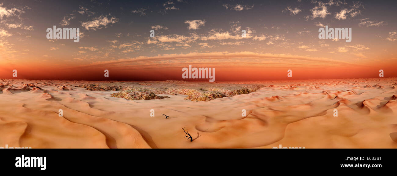 Paesaggio con dune di sabbia e la tempesta di sabbia, 180° panorama, il deserto di Atacama, regione di ica, Perù Foto Stock