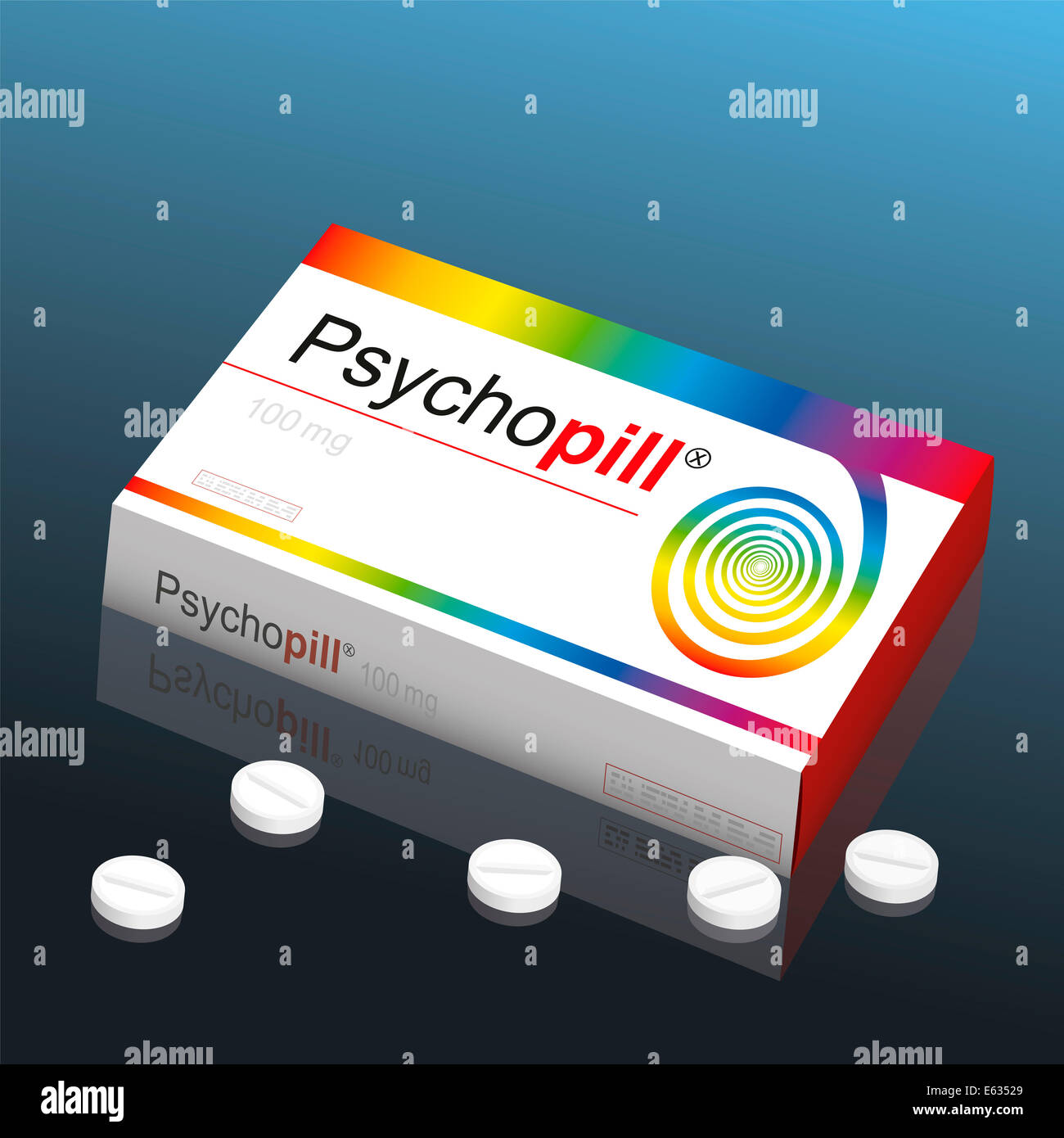 Pillole di nome Psychopill con una spirale colorata come il logo del marchio sul pacchetto di cartone. Si tratta di un medico di prodotto falso. Foto Stock
