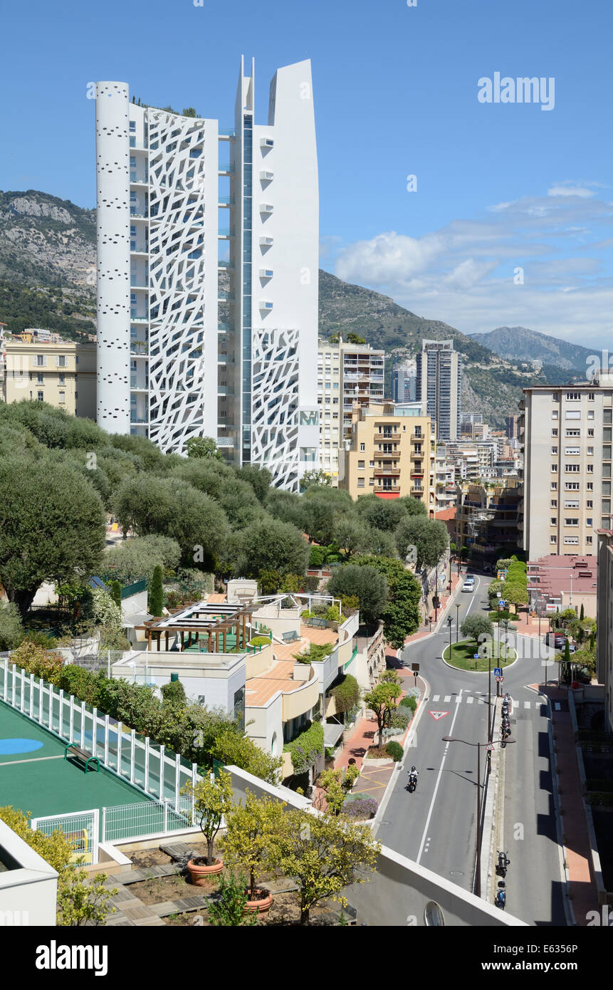La visualizzazione e la Skyline di Monaco con Simona Torretta Blocco, High-Rise o grattacielo di Jean-Pierre Lott Monaco Foto Stock