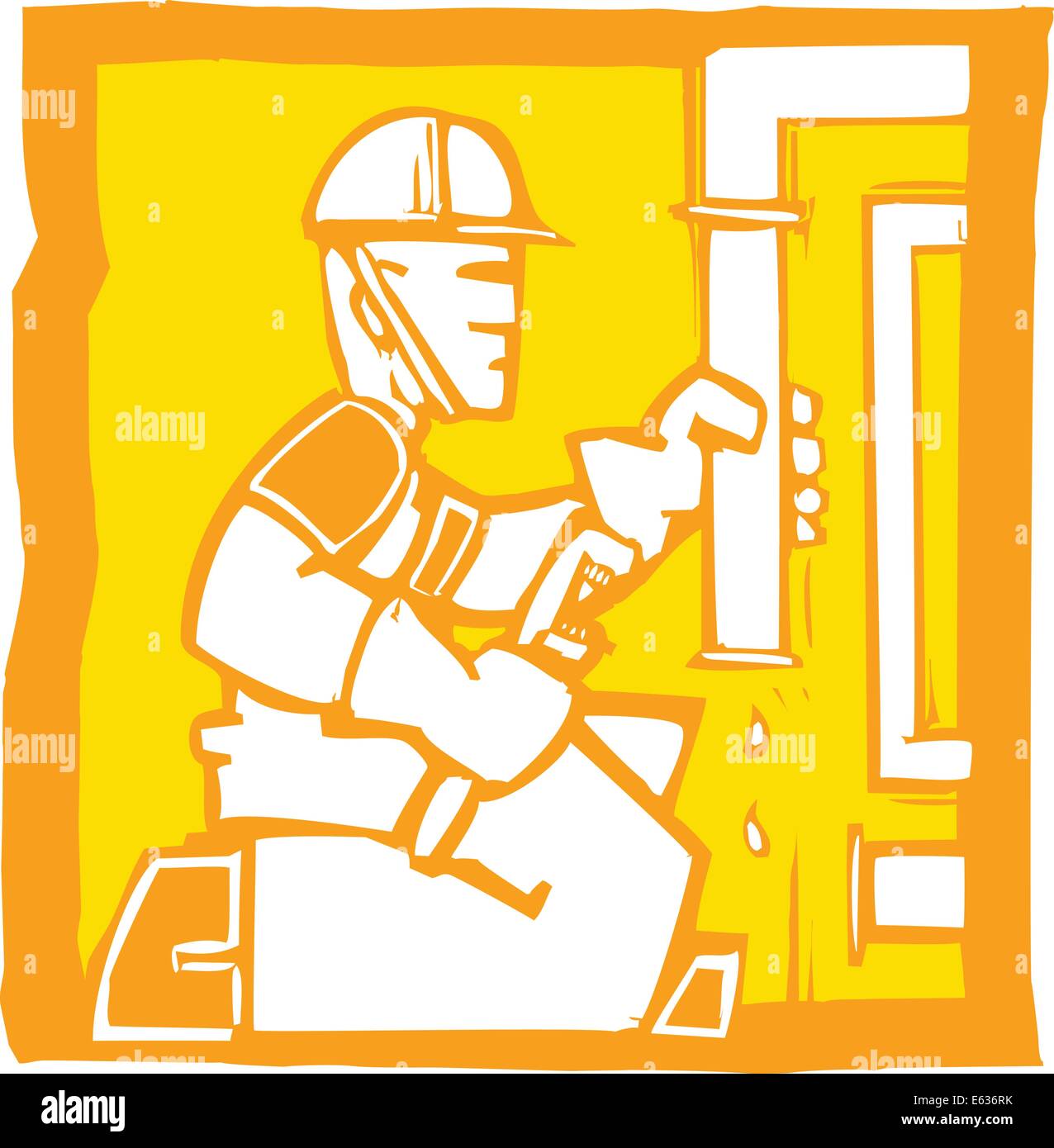 Icona in xilografia stile di plumber fissaggio di tubazioni. Illustrazione Vettoriale
