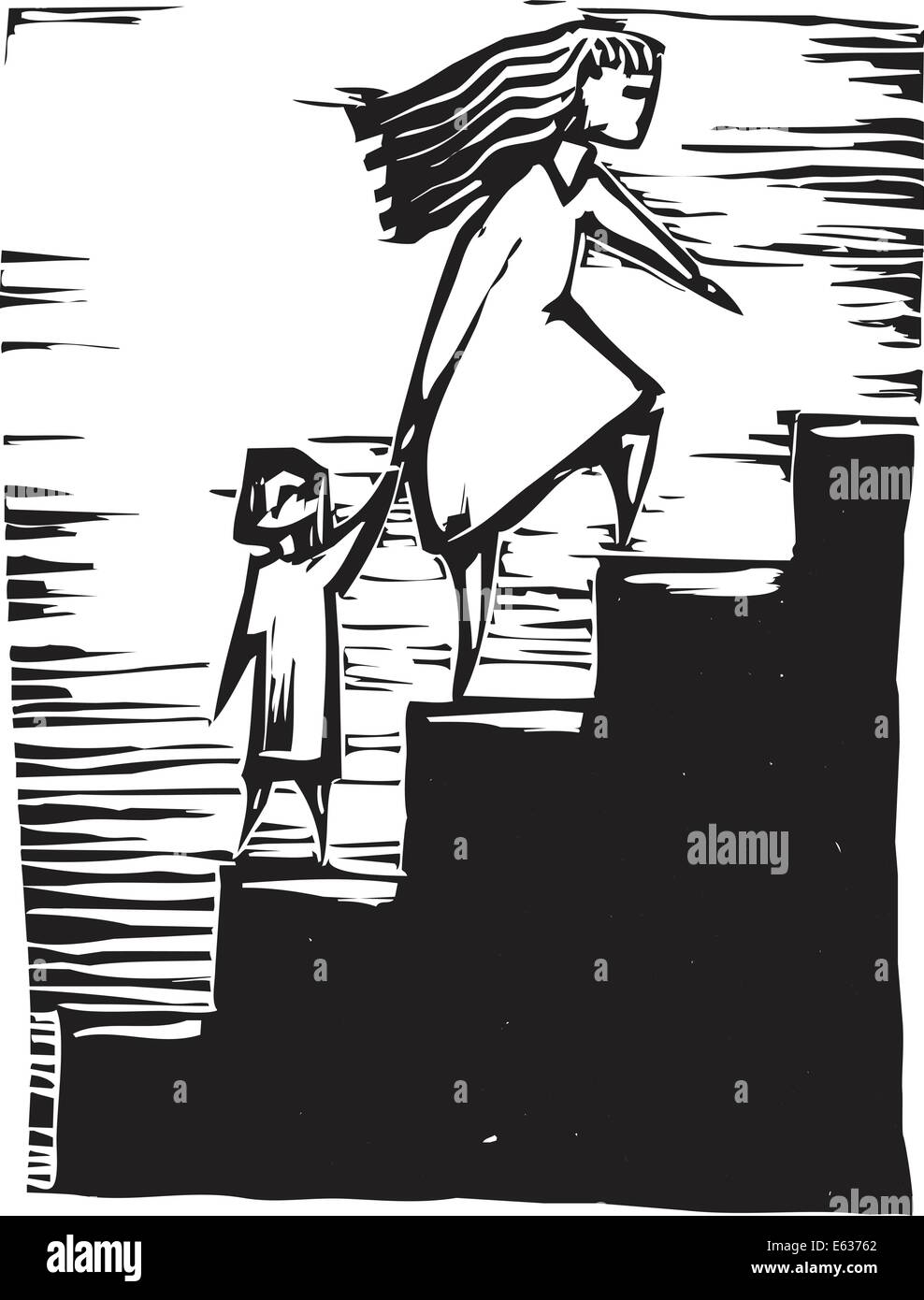 Donna con bambino salendo una scala scura Illustrazione Vettoriale