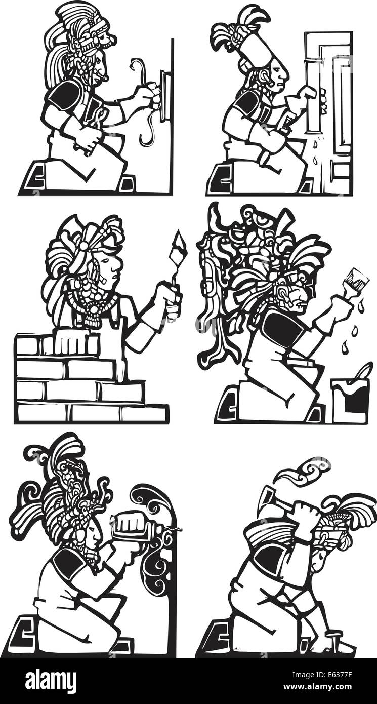 Set di uomini in lavori di costruzione con tradizionali motivi Maya. Illustrazione Vettoriale
