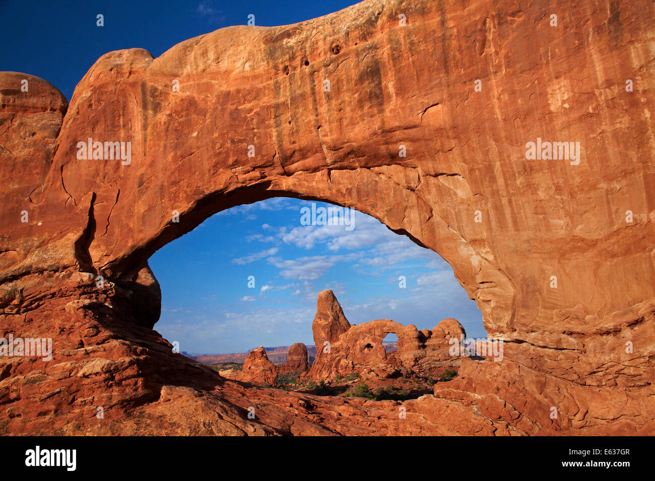 La torretta Arch, visto attraverso la finestra del nord nella sezione Windows, Arches National Park, vicino a Moab, Utah, Stati Uniti d'America Foto Stock