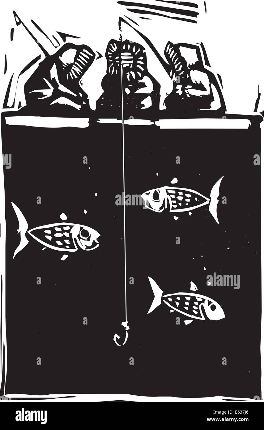 Xilografia stile immagine di tre eschimesi inuit pesca sul ghiaccio. Illustrazione Vettoriale