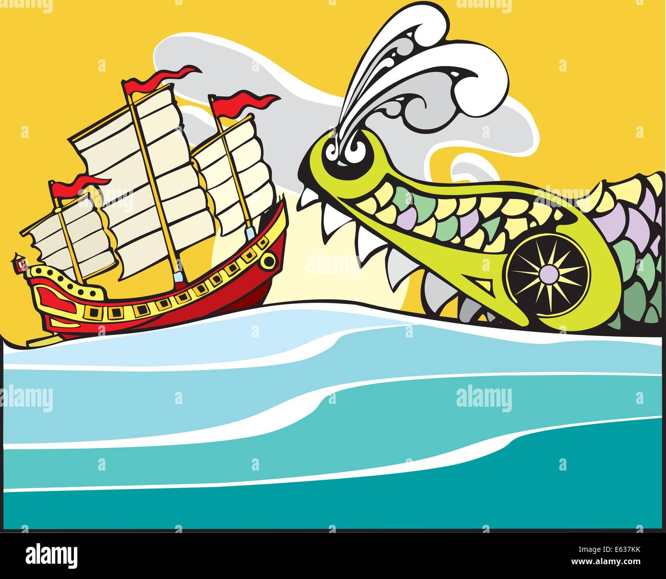 Giunca Cinese minacciato da un enorme mostro marino. Illustrazione Vettoriale