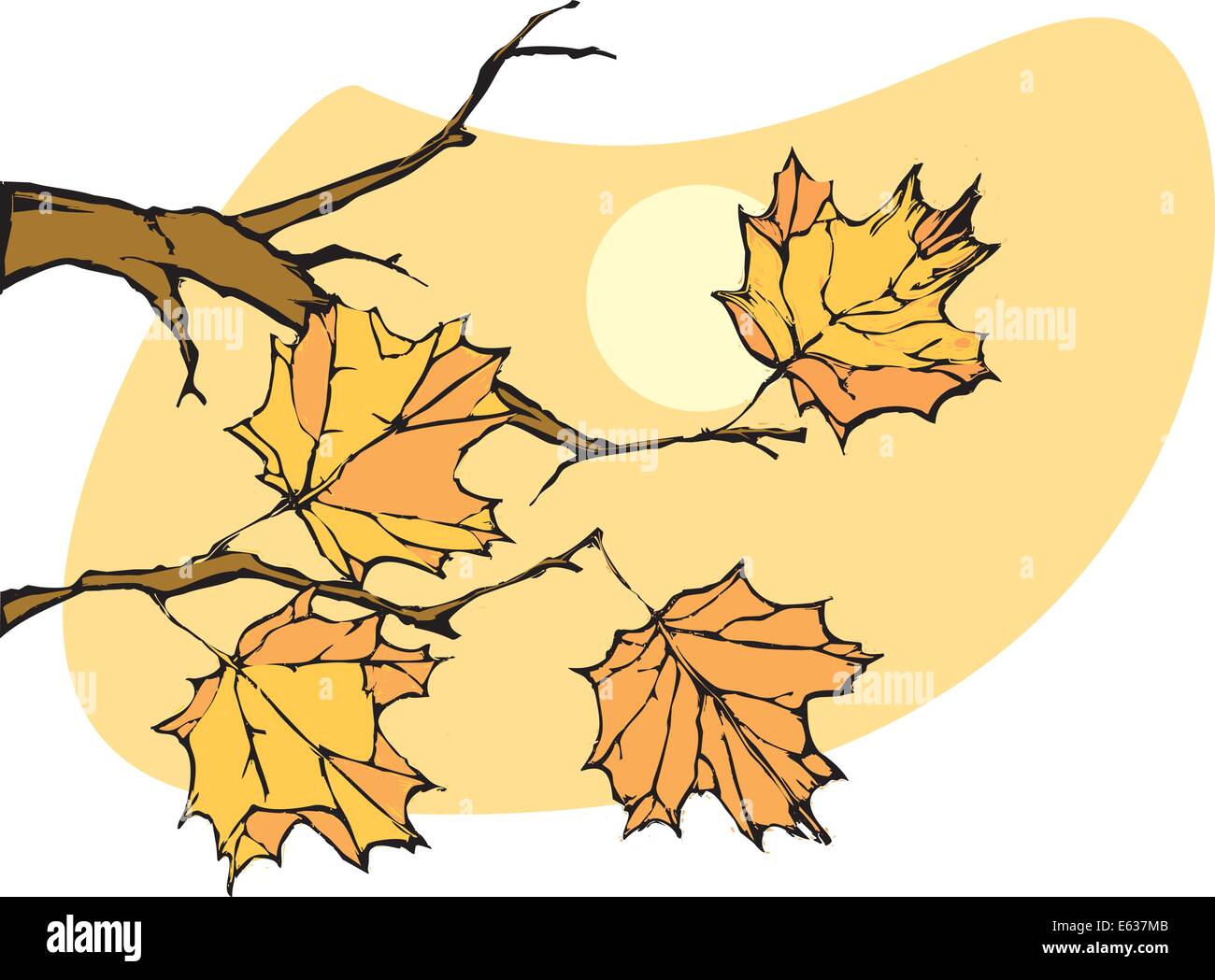 Foglie di autunno contro un arancione del cielo della sera Illustrazione Vettoriale