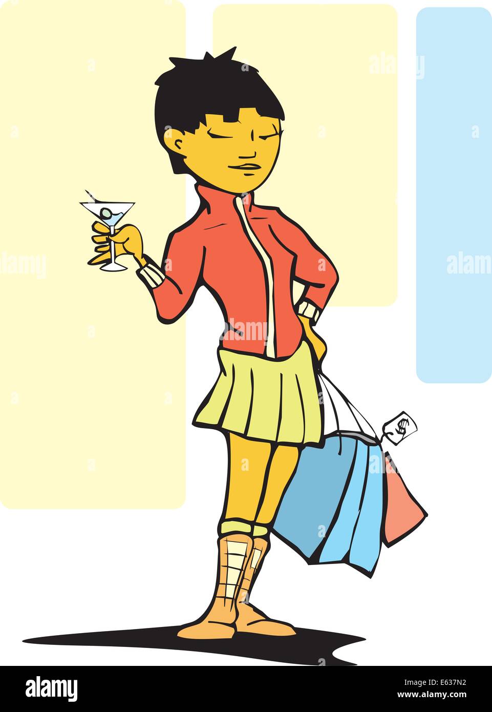 Donna elegante con le borse della spesa e un martini. Illustrazione Vettoriale