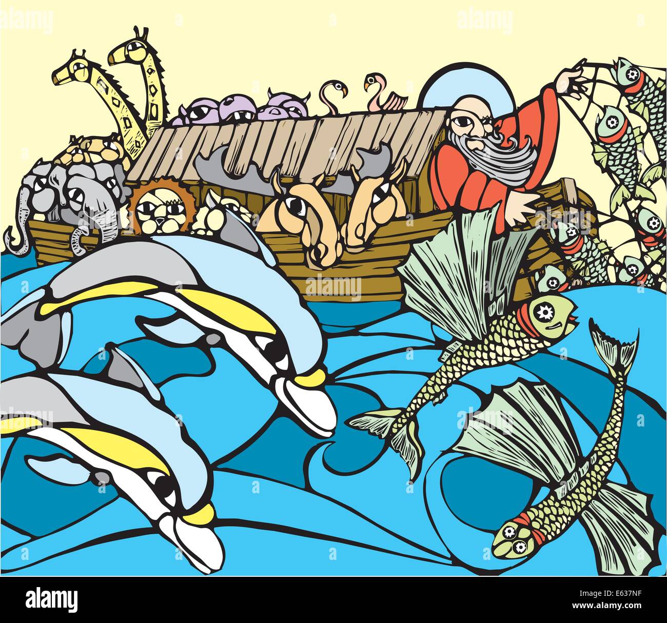 Noè pesci del lato della sua arca mentre i delfini giocare. Illustrazione Vettoriale