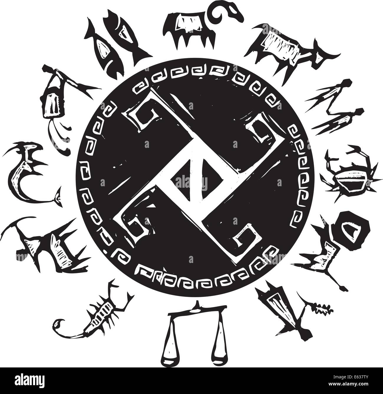 Primitivo Zodiaco Occidentale attorno ad un centro progettazione di scudo greco. Illustrazione Vettoriale