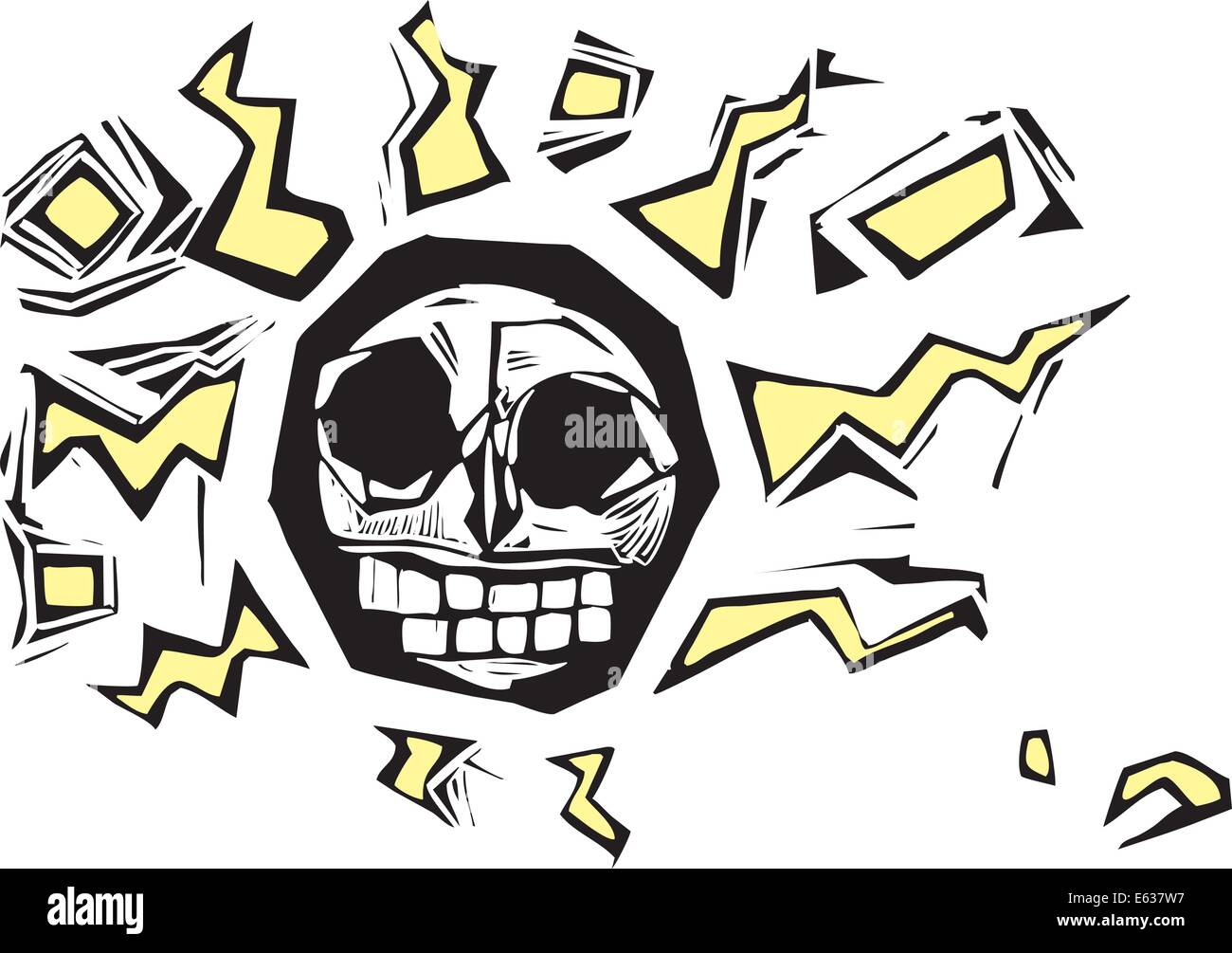 Silografia stilizzata immagine di un cranio con fulmini che lo circonda. Illustrazione Vettoriale