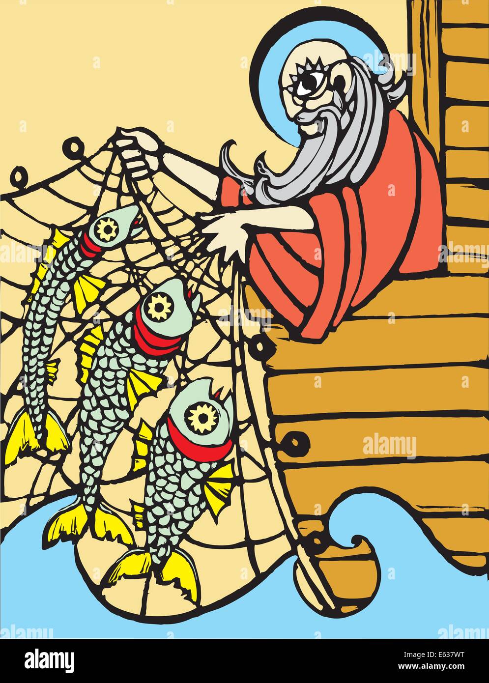 Noè la pesca del lato della sua arca con un net. Illustrazione Vettoriale