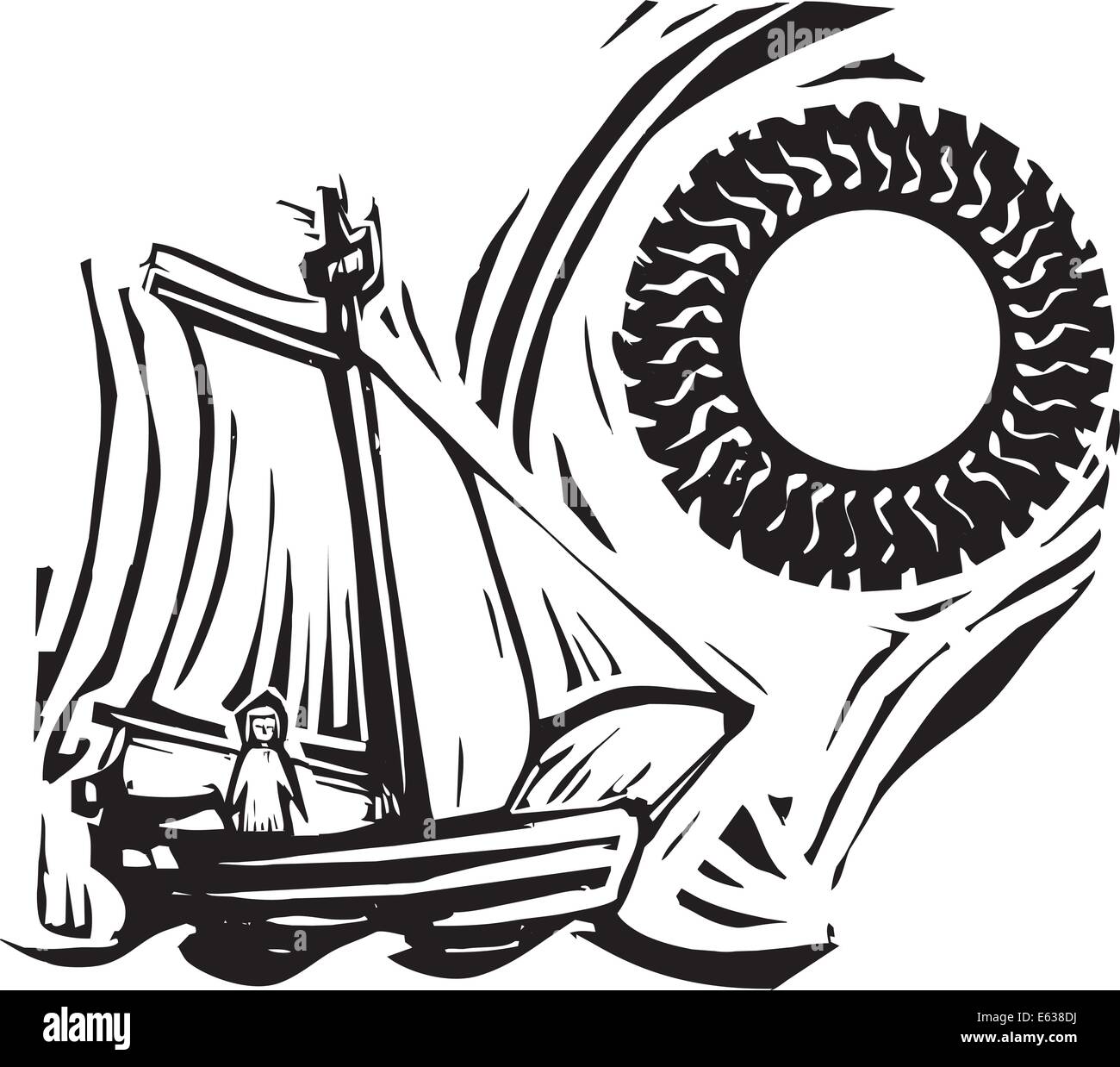 Xilografia stile immagine di una ragazza in una imbarcazione a vela sotto un sole. Illustrazione Vettoriale