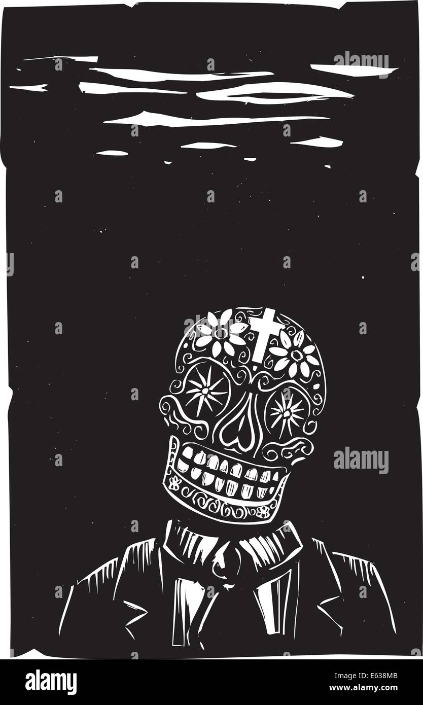 Xilografia stile messicano il Giorno dei Morti scheletro in un business suit. Illustrazione Vettoriale