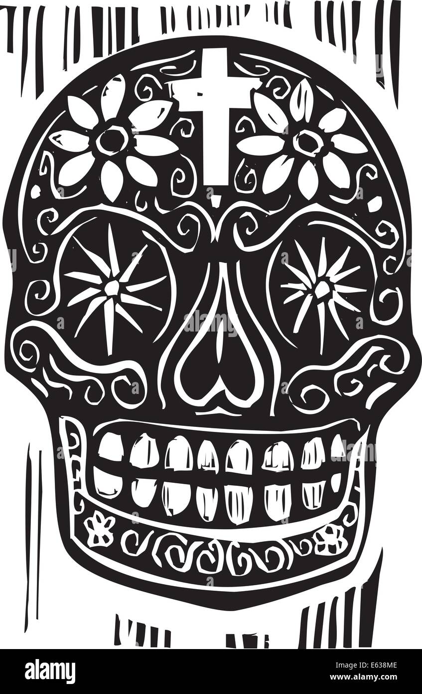 Xilografia stile messicano il giorno dei morti il cranio. Illustrazione Vettoriale