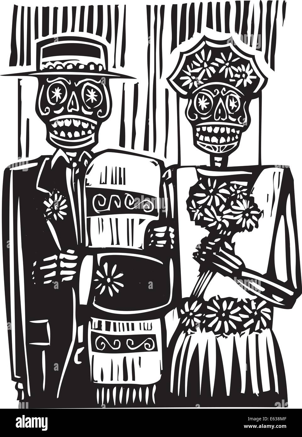 Xilografia stile messicano giorno dei morti immagine di nozze con lo sposo e la sposa. Illustrazione Vettoriale