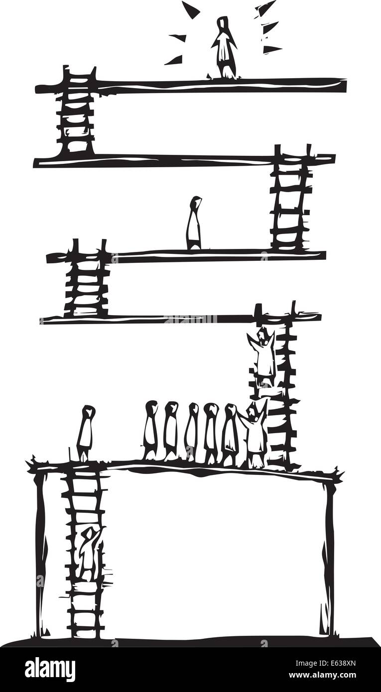 Xilografia stile immagine di persone che i livelli di salita per raggiungere la cima. Illustrazione Vettoriale